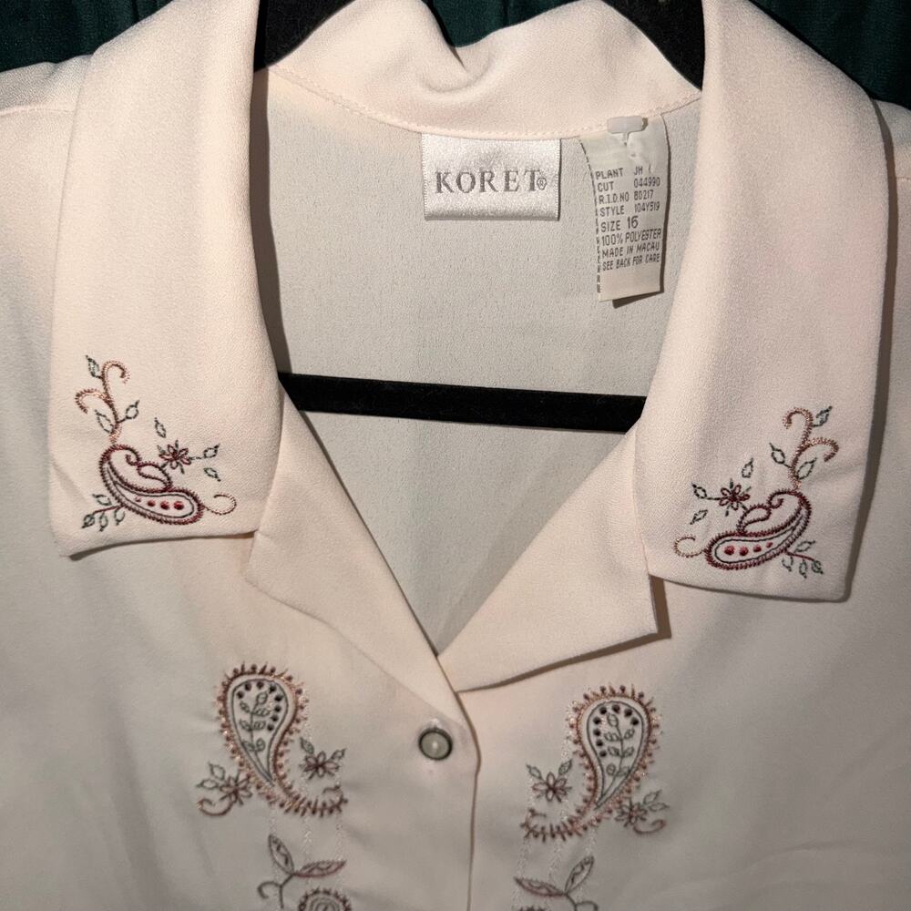 Vintage Koret Embroidered Button Down Blouse Light Pink Size 16 - Picture 3 of 4